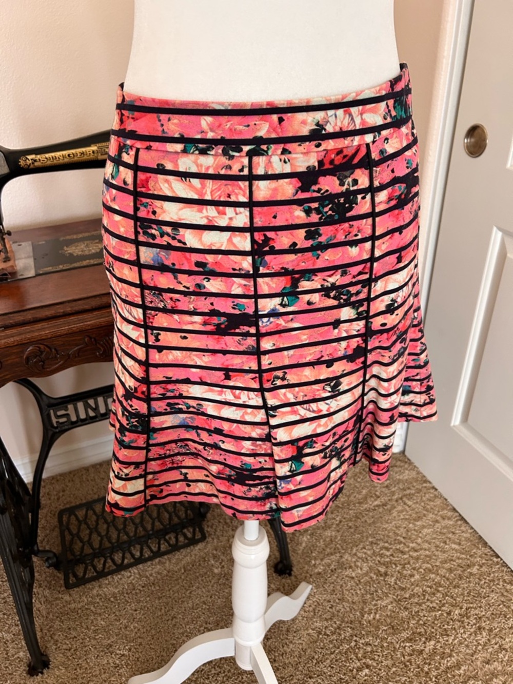 Banana Republic Coral Pink Floral & Black Striped Circle Skirt